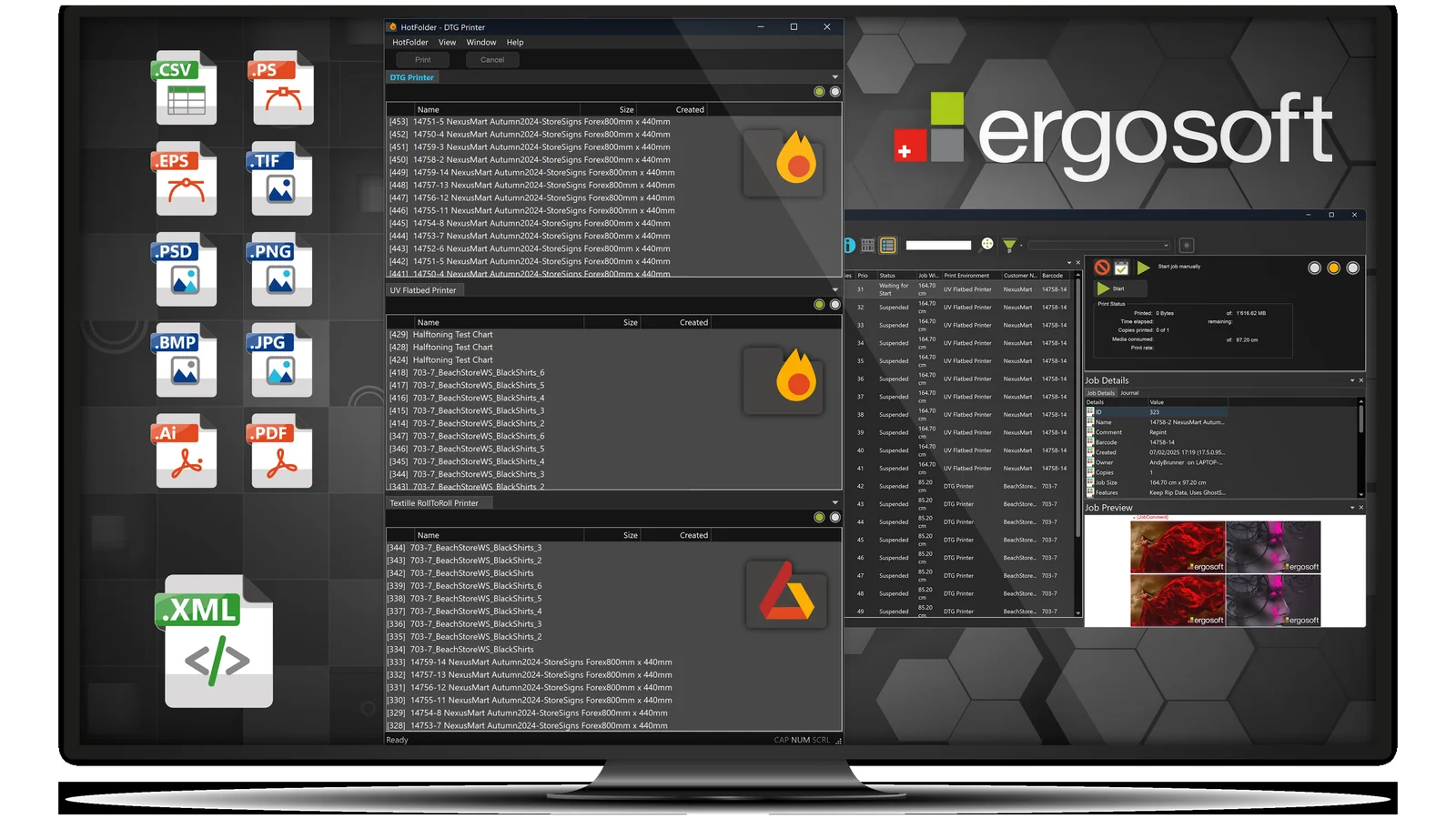 Ergosoft RIP 핫폴더 자동화 화면, DTG·UV 플랫베드·텍스타일 롤투롤 프린터별 작업 대기열과 파일 형식 아이콘이 표시된 스크린샷