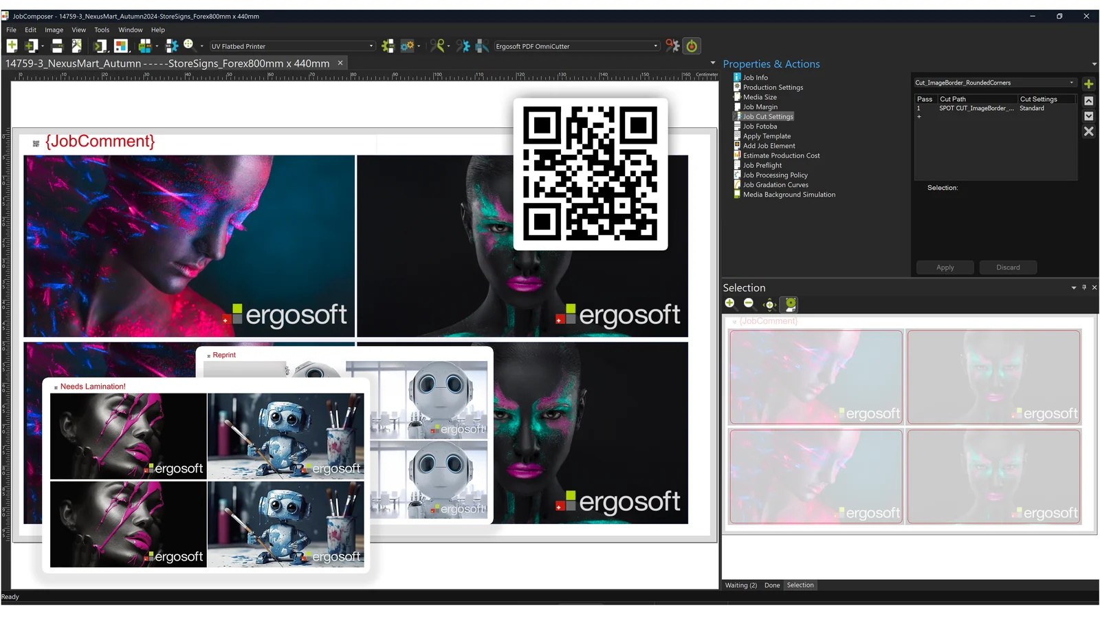 Ergosoft RIP JobComposer의 인쇄 작업 편집 화면, 얼굴 페인팅 사진 레이아웃과 QR 코드, 컷 설정 패널이 표시된 스크린샷